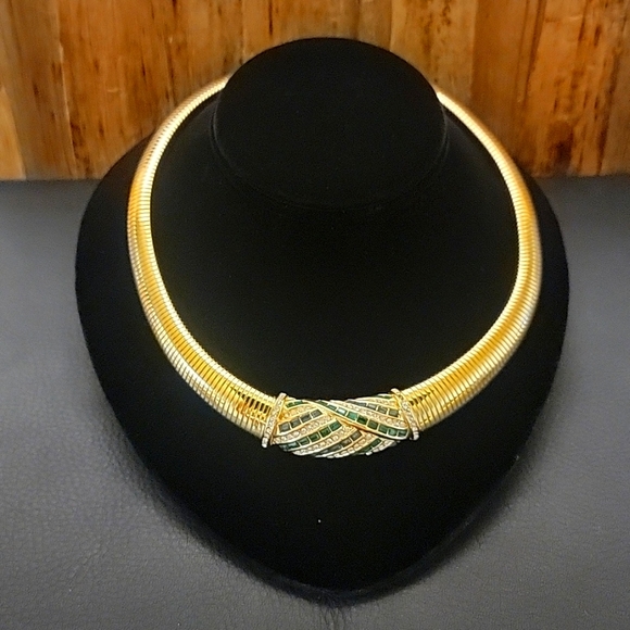 Christian Dior Vintage Emerald Sapphire Crystals Ribbed Choker Omega Necklace - Picture 1 of 9